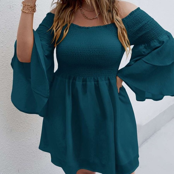 Boho Plus Off Shoulder Ruffle Bell Sleeve Dress - Picture 2 of 14